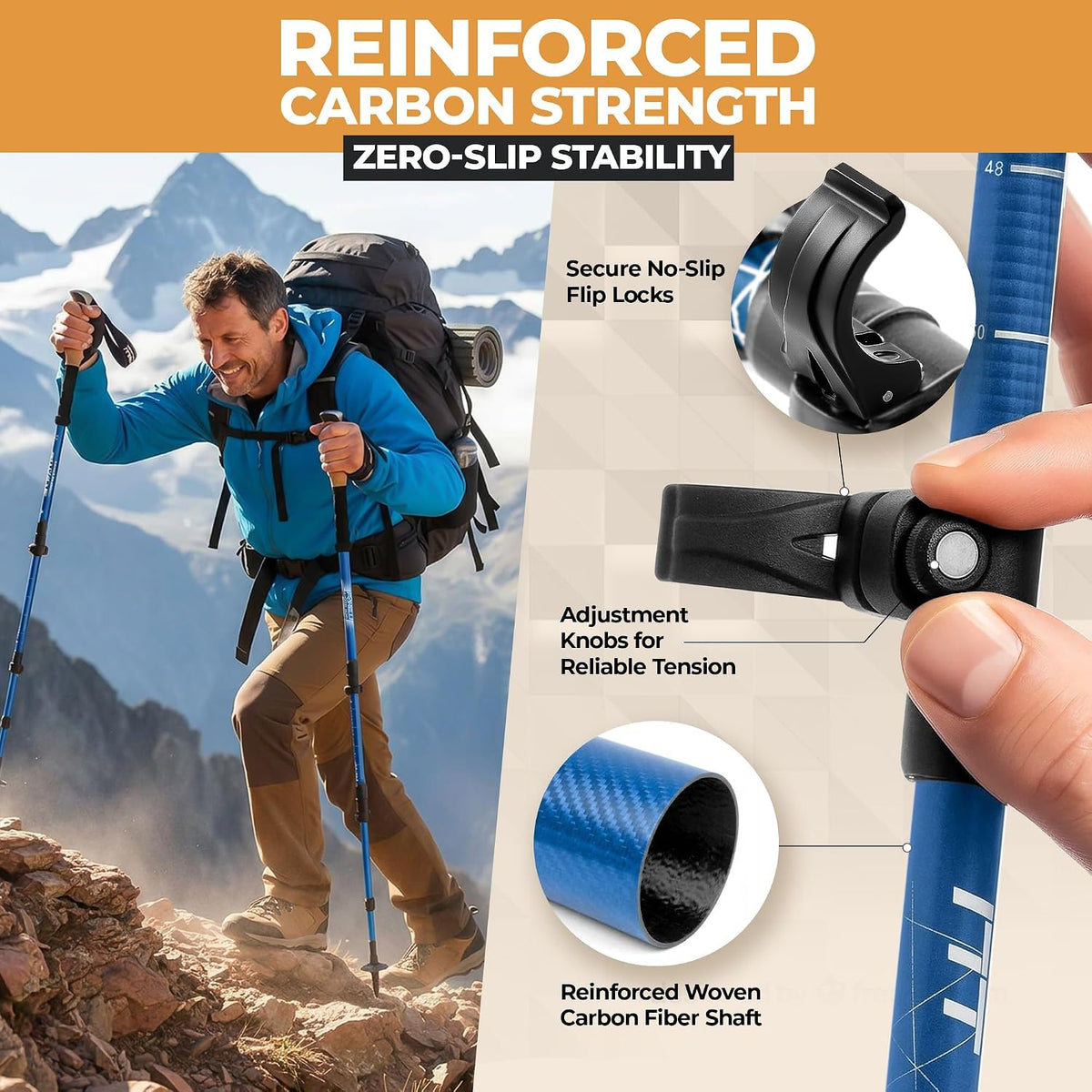 Carbon Fiber Trekking Poles – Lightweight Collapsible Hiking Poles with Cork Grips, Quick Flip Locks & All-Terrain Accessories – Adjustable Height Hiking Sticks for Men & Women