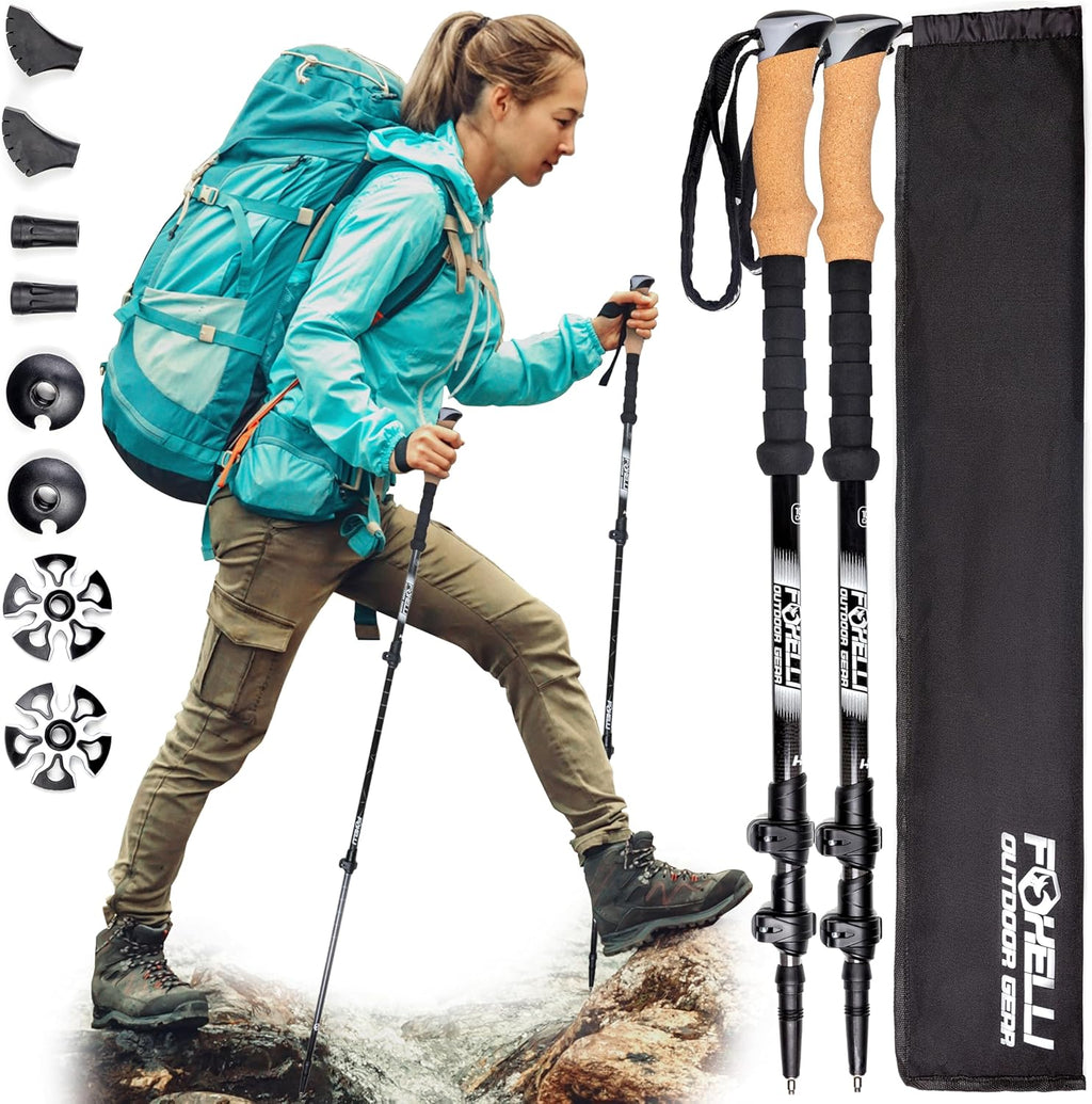 Carbon Fiber Trekking Poles – Lightweight Collapsible Hiking Poles with Cork Grips, Quick Flip Locks & All-Terrain Accessories – Adjustable Height Hiking Sticks for Men & Women