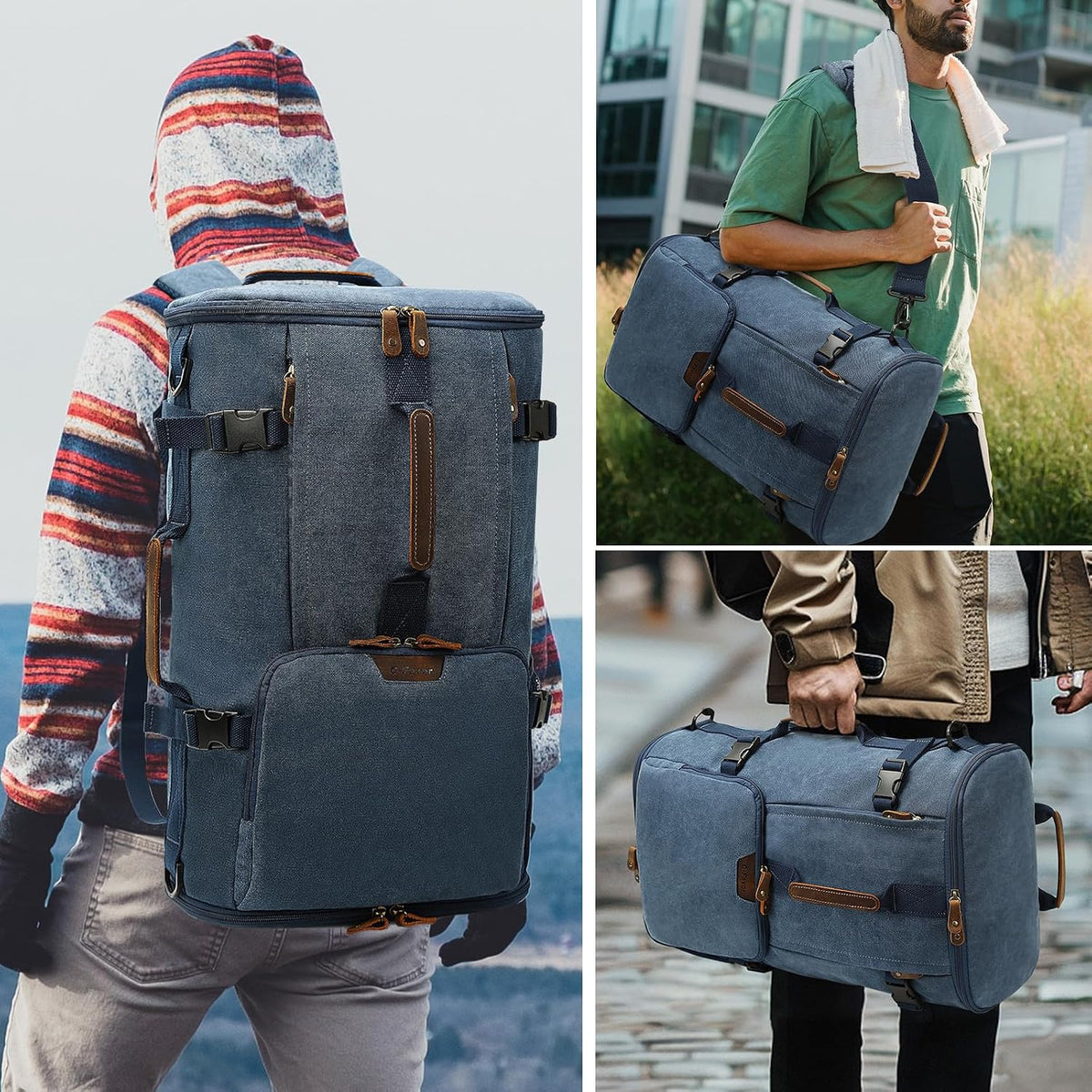 40L Travel Backpack, Vintage Canvas Rucksack Convertible Duffel Bag Carry on Backpack Fit for 17.3 Inch Laptop Bag, Blue