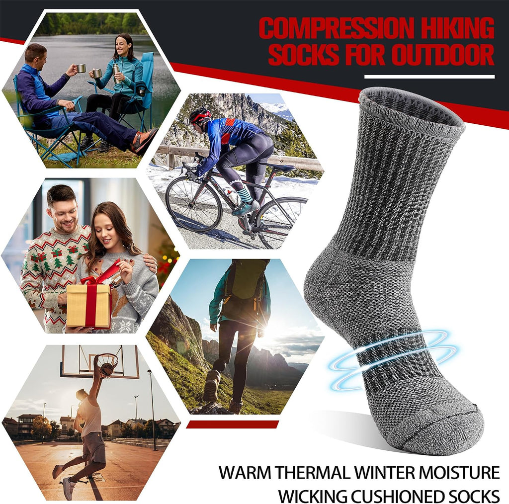 5 Pairs Merino Wool Hiking Socks Thermal Winter Warm Moisture Wicking Cushion Outdoor Socks for Women & Men