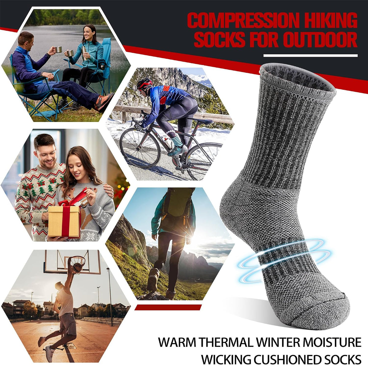 5 Pairs Merino Wool Hiking Socks Thermal Winter Warm Moisture Wicking Cushion Outdoor Socks for Women & Men