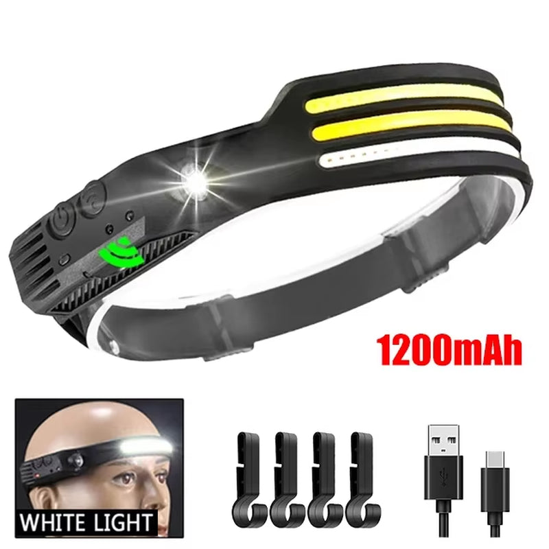 USB Rechargeable Head Flashlight COB LED Headlamp Induction Head Lamp Built-In Battery Outdoor Camping Fishing Sensor Headlight