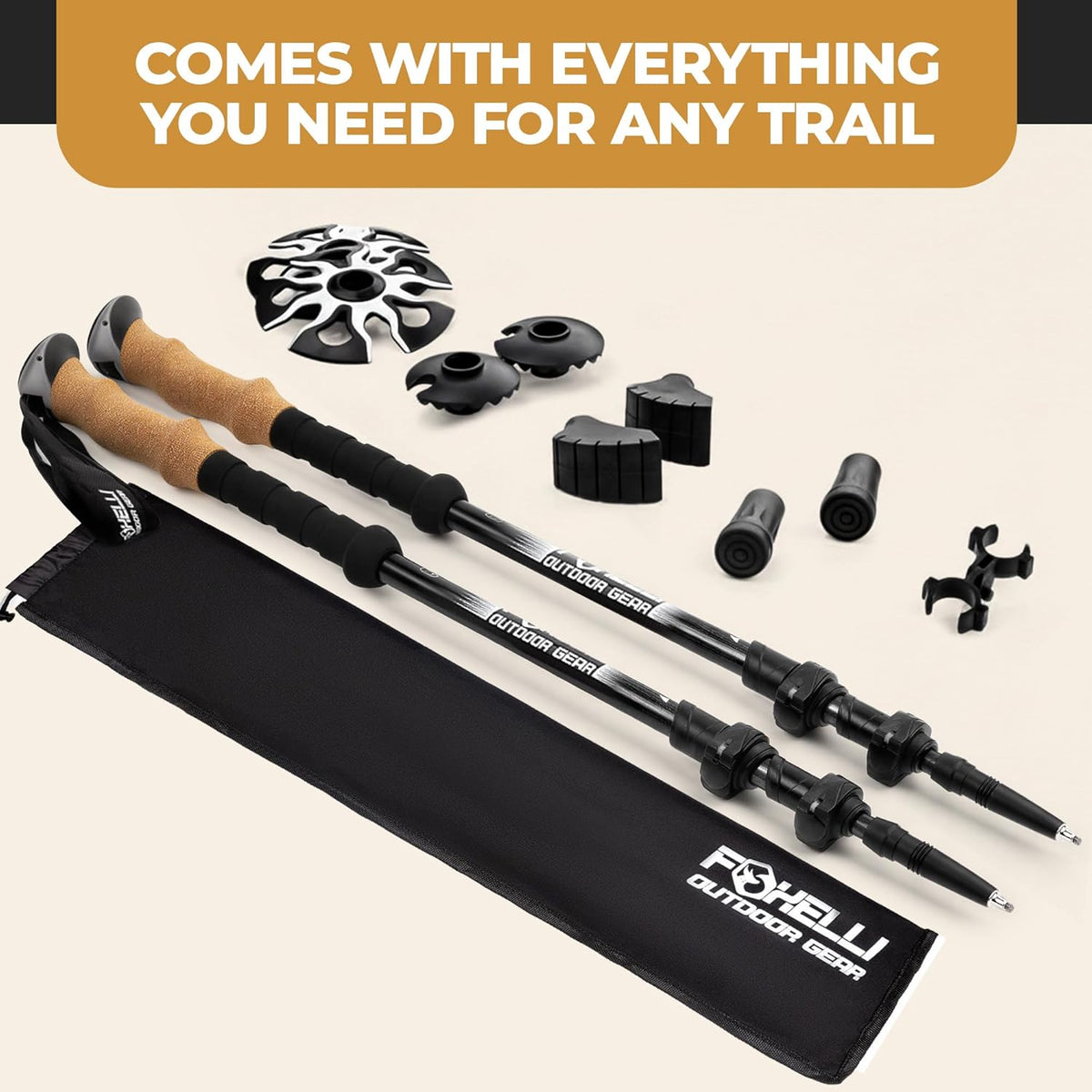 Carbon Fiber Trekking Poles – Lightweight Collapsible Hiking Poles with Cork Grips, Quick Flip Locks & All-Terrain Accessories – Adjustable Height Hiking Sticks for Men & Women