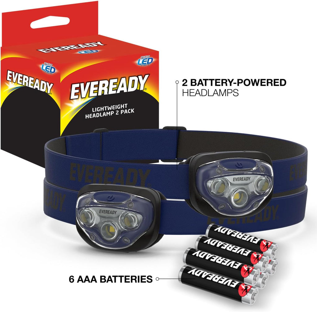 LED Headlamp, 200 Lumen, IPX4 Water Resistant, Durable Indoor and Outdoor Light with Shatterproof Lens, Batteries Included, 2 Pack