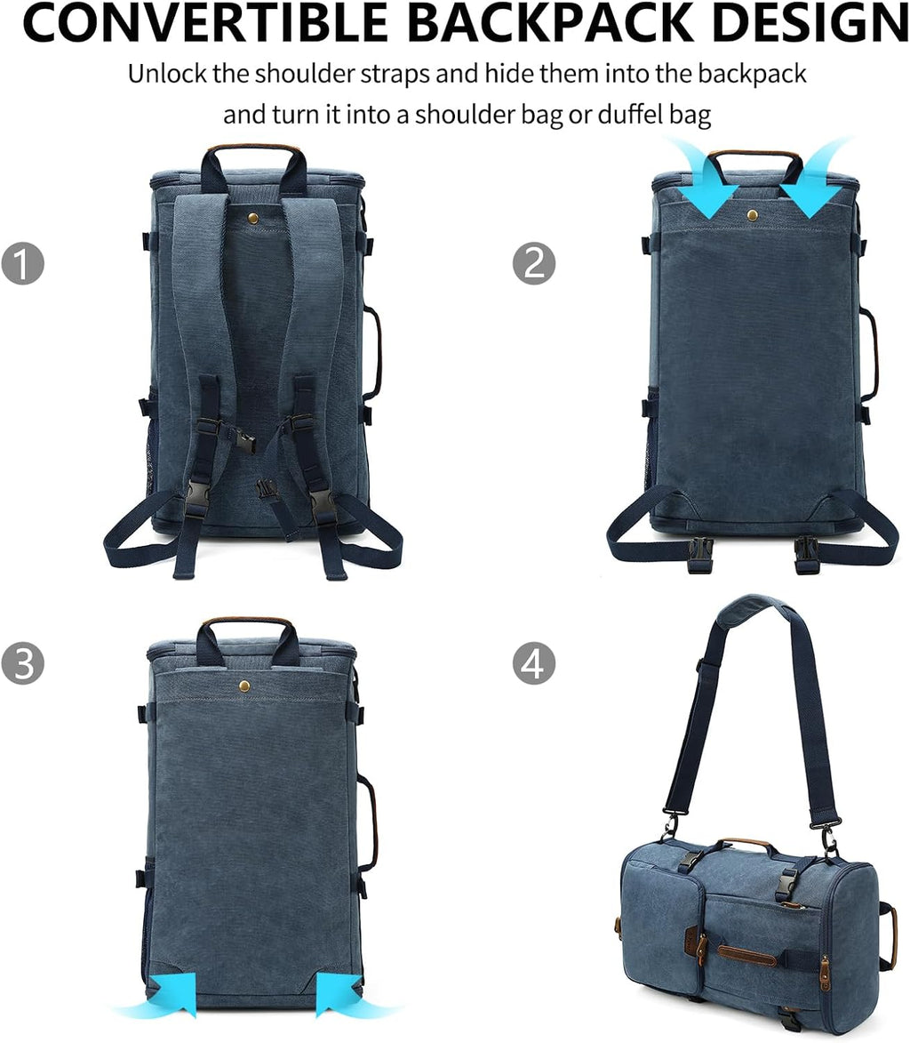 40L Travel Backpack, Vintage Canvas Rucksack Convertible Duffel Bag Carry on Backpack Fit for 17.3 Inch Laptop Bag, Blue