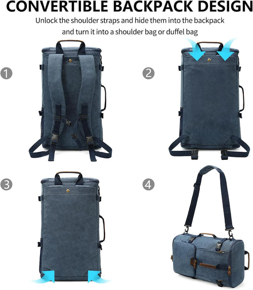 40L Travel Backpack, Vintage Canvas Rucksack Convertible Duffel Bag Carry on Backpack Fit for 17.3 Inch Laptop Bag, Blue