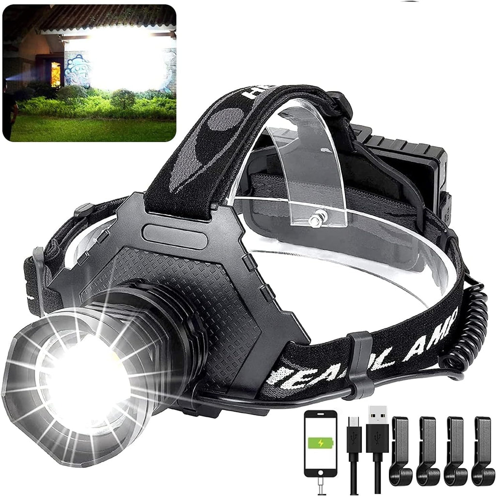 LED Rechargeable Headlamp 90000 High Lumen, XPH70 Brightest LED Work Headlight Zoomable, Waterproof, 90° Adjustable, 5 Modes Lightweight Head Lamp for Adult Camping, Hard Hat, Hunting