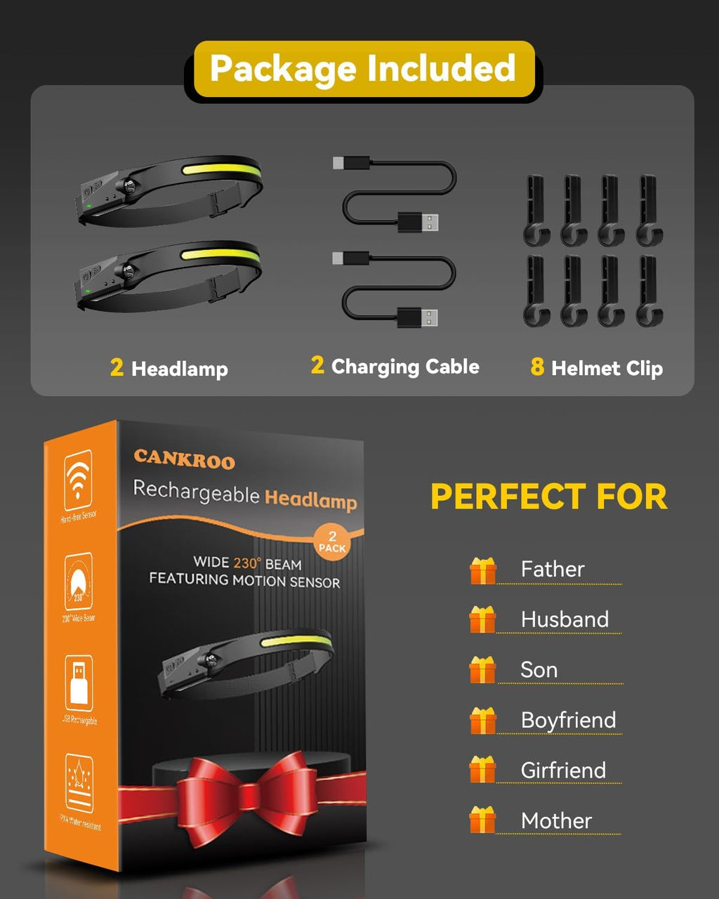 Rechargeable Headlamp with Red Light & Motion Sensor, Wide Beam for Camping