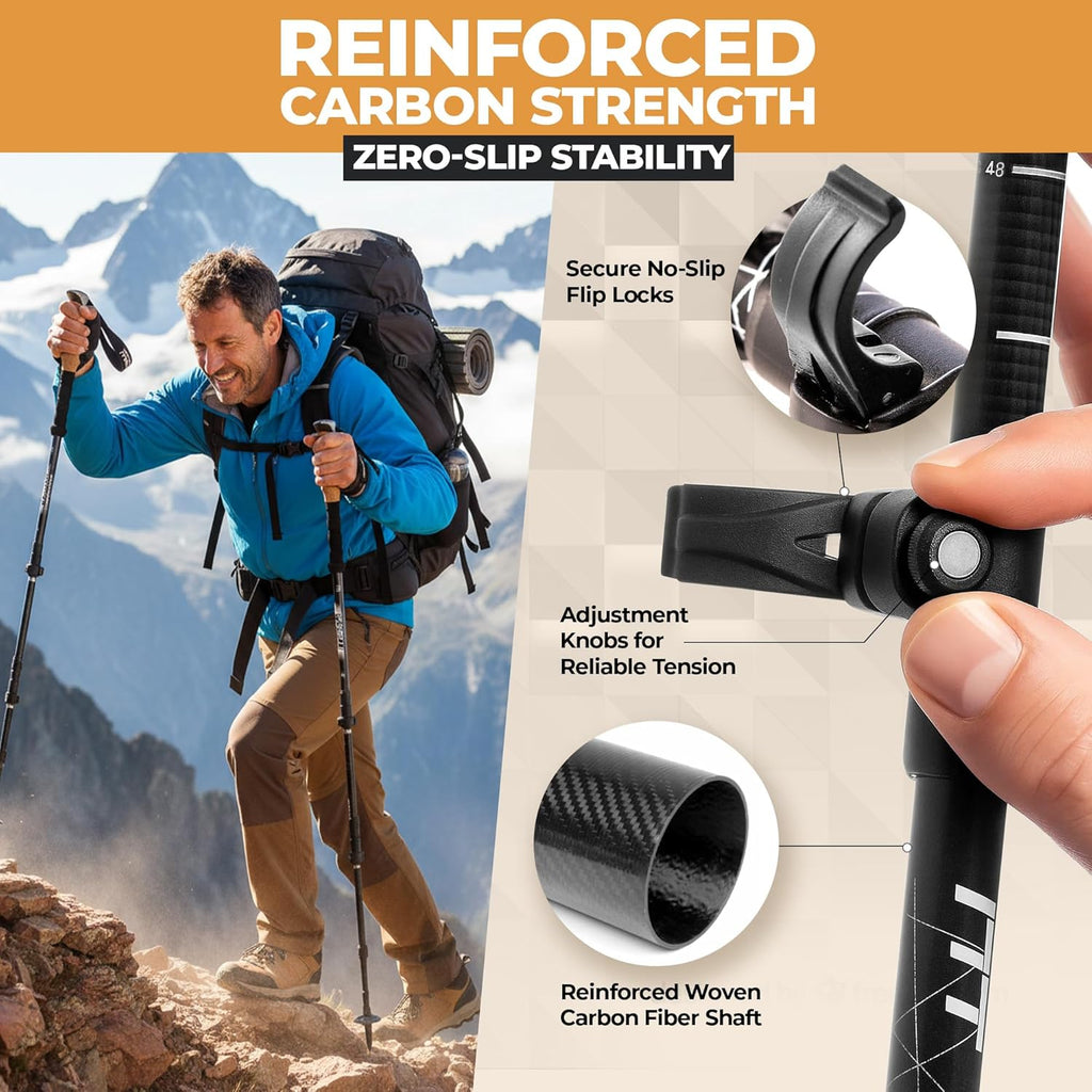 Carbon Fiber Trekking Poles – Lightweight Collapsible Hiking Poles with Cork Grips, Quick Flip Locks & All-Terrain Accessories – Adjustable Height Hiking Sticks for Men & Women