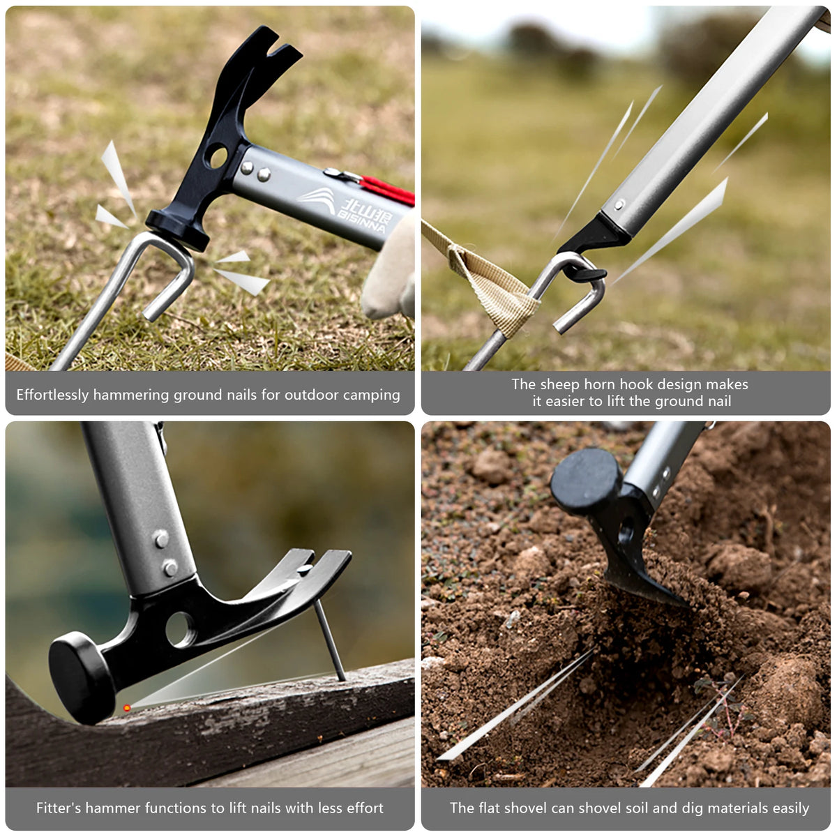 Multi-Functional Camping Hammer Outdoor Tent Stakes Multi-Tool with Alumimum Alloy Handle Ultralight Camping Supplies