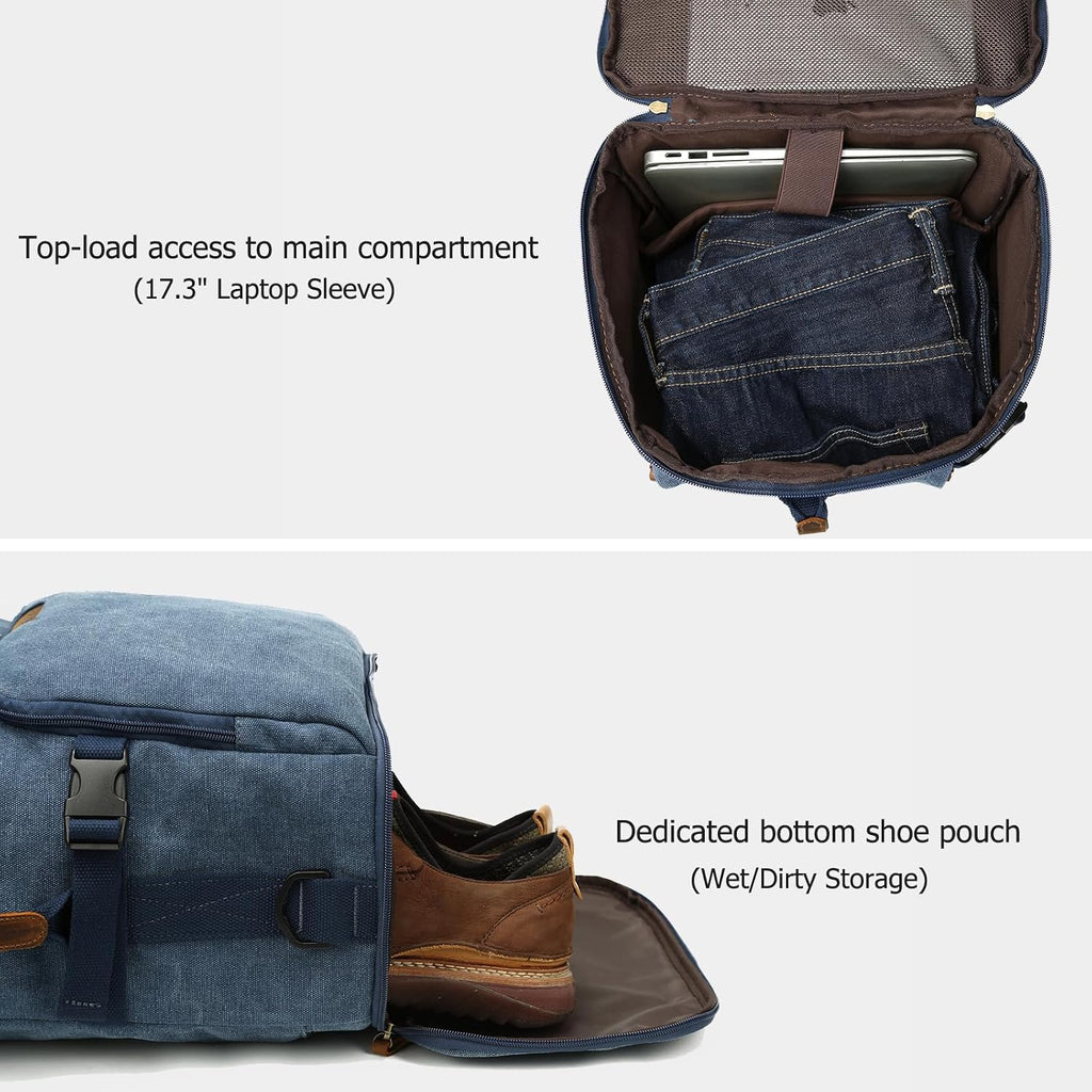 40L Travel Backpack, Vintage Canvas Rucksack Convertible Duffel Bag Carry on Backpack Fit for 17.3 Inch Laptop Bag, Blue