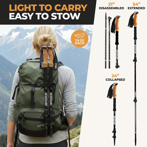 Carbon Fiber Trekking Poles – Lightweight Collapsible Hiking Poles with Cork Grips, Quick Flip Locks & All-Terrain Accessories – Adjustable Height Hiking Sticks for Men & Women