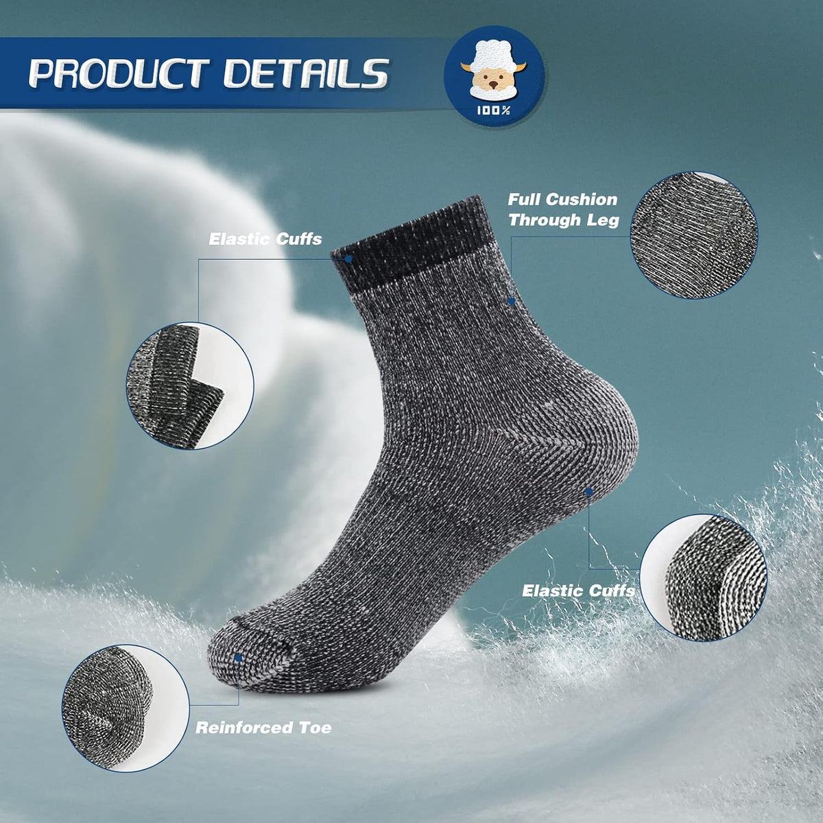 4Pairs Men'S Merino Thermal Warm Crew Wool Hiking Winter Ankle Socks