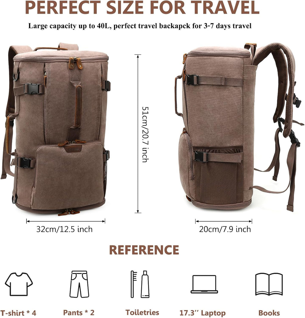 40L Travel Backpack, Vintage Canvas Rucksack Convertible Duffel Bag Carry on Backpack Fit for 17.3 Inch Laptop Bag