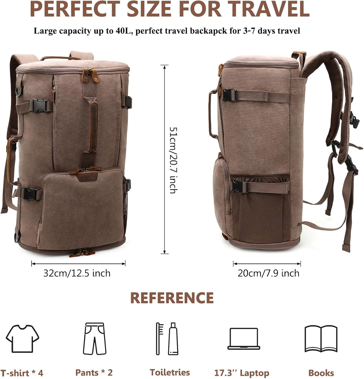 40L Travel Backpack, Vintage Canvas Rucksack Convertible Duffel Bag Carry on Backpack Fit for 17.3 Inch Laptop Bag