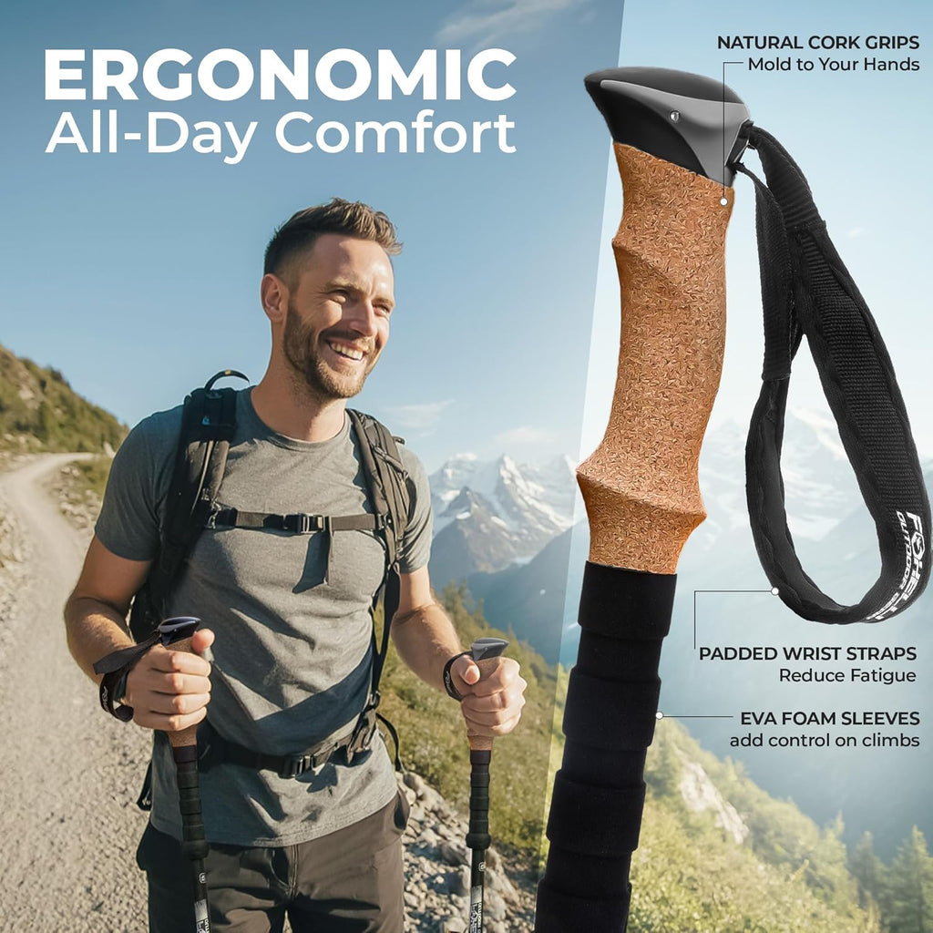 Carbon Fiber Trekking Poles – Lightweight Collapsible Hiking Poles with Cork Grips, Quick Flip Locks & All-Terrain Accessories – Adjustable Height Hiking Sticks for Men & Women