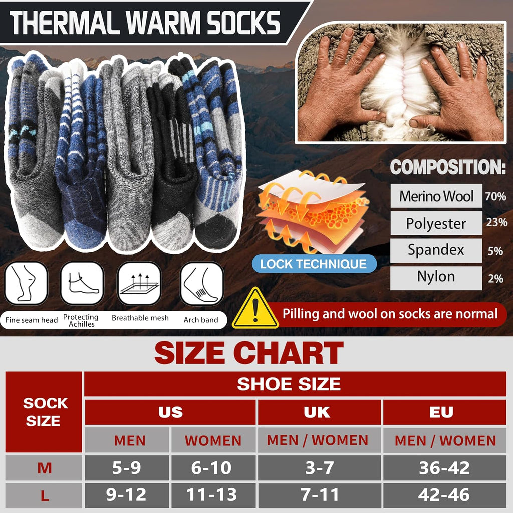 5 Pairs Merino Wool Hiking Socks Thermal Winter Warm Moisture Wicking Cushion Outdoor Socks for Women & Men
