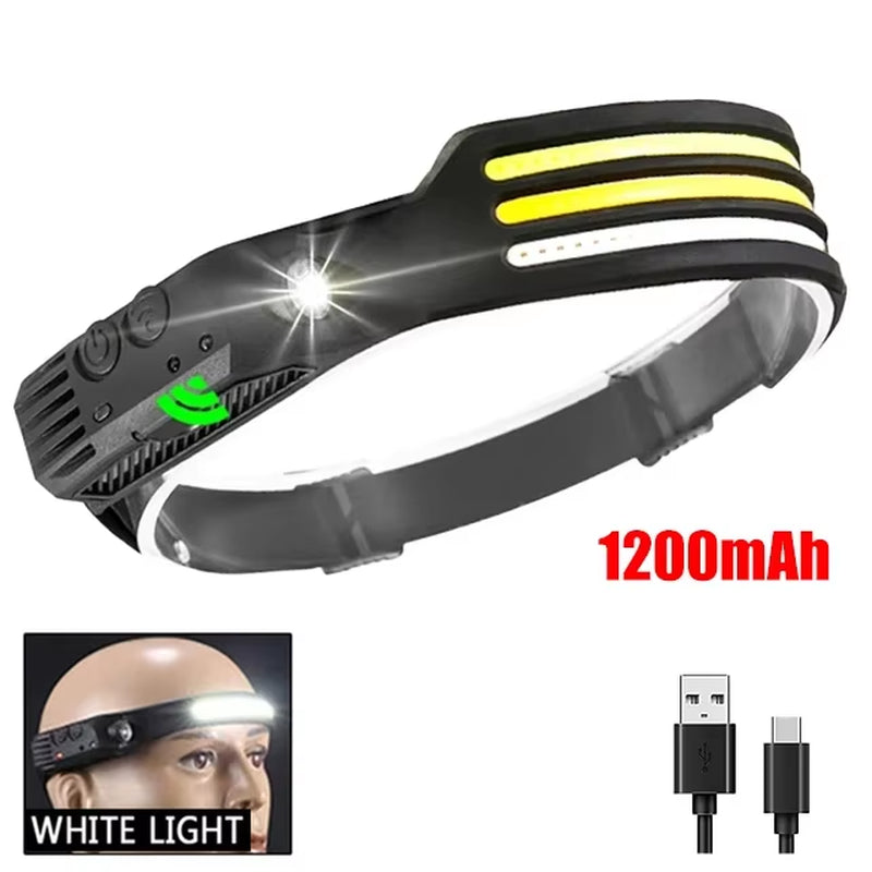 USB Rechargeable Head Flashlight COB LED Headlamp Induction Head Lamp Built-In Battery Outdoor Camping Fishing Sensor Headlight