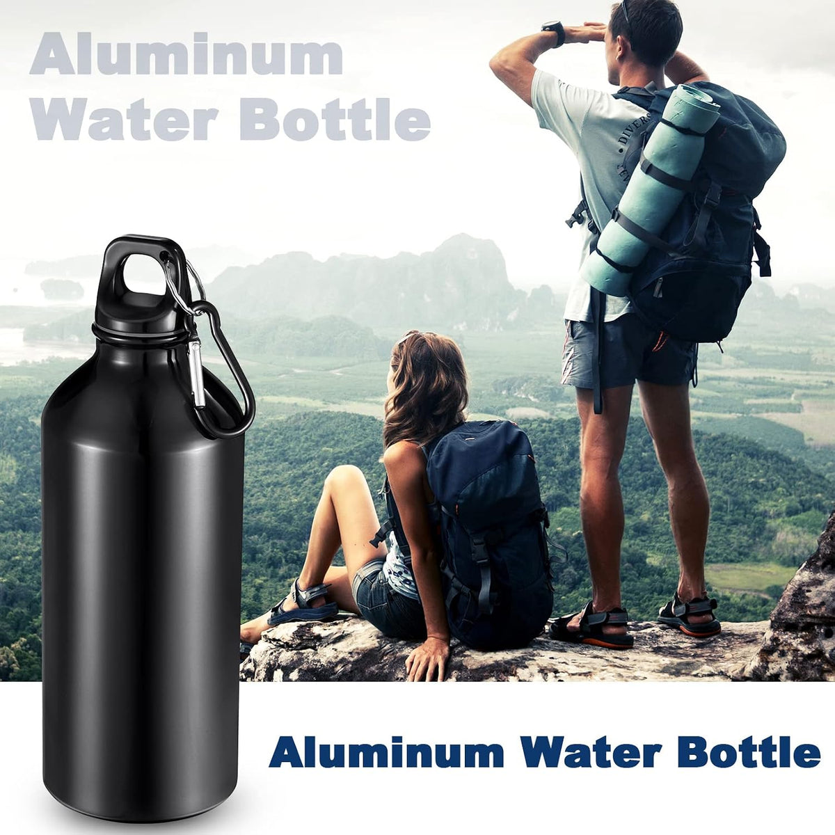 Aluminum Water Bottle 20 Oz Reusable Bottles Lightweight Leak Proof Aluminum Sports Travel Bottles with Twist Cap Buckle for Gym, Hiking, Cycling, Camping, Fishing