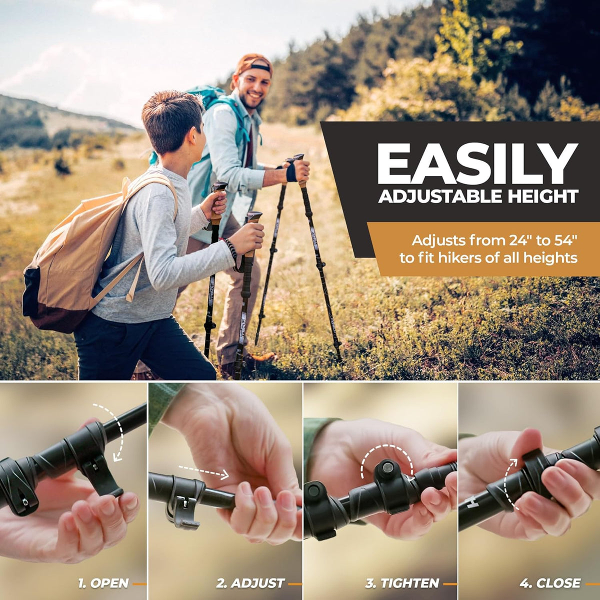 Carbon Fiber Trekking Poles – Lightweight Collapsible Hiking Poles with Cork Grips, Quick Flip Locks & All-Terrain Accessories – Adjustable Height Hiking Sticks for Men & Women