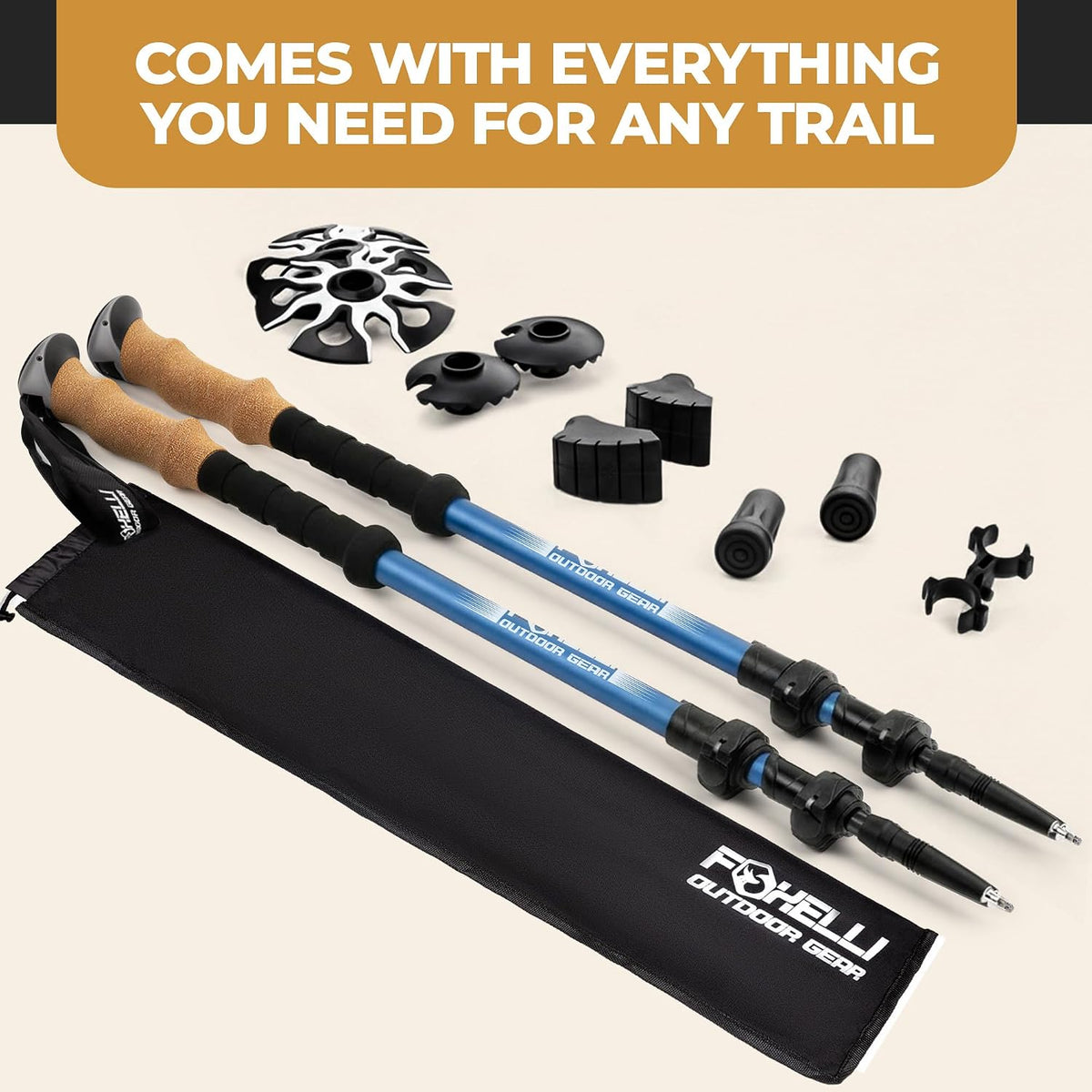 Carbon Fiber Trekking Poles – Lightweight Collapsible Hiking Poles with Cork Grips, Quick Flip Locks & All-Terrain Accessories – Adjustable Height Hiking Sticks for Men & Women