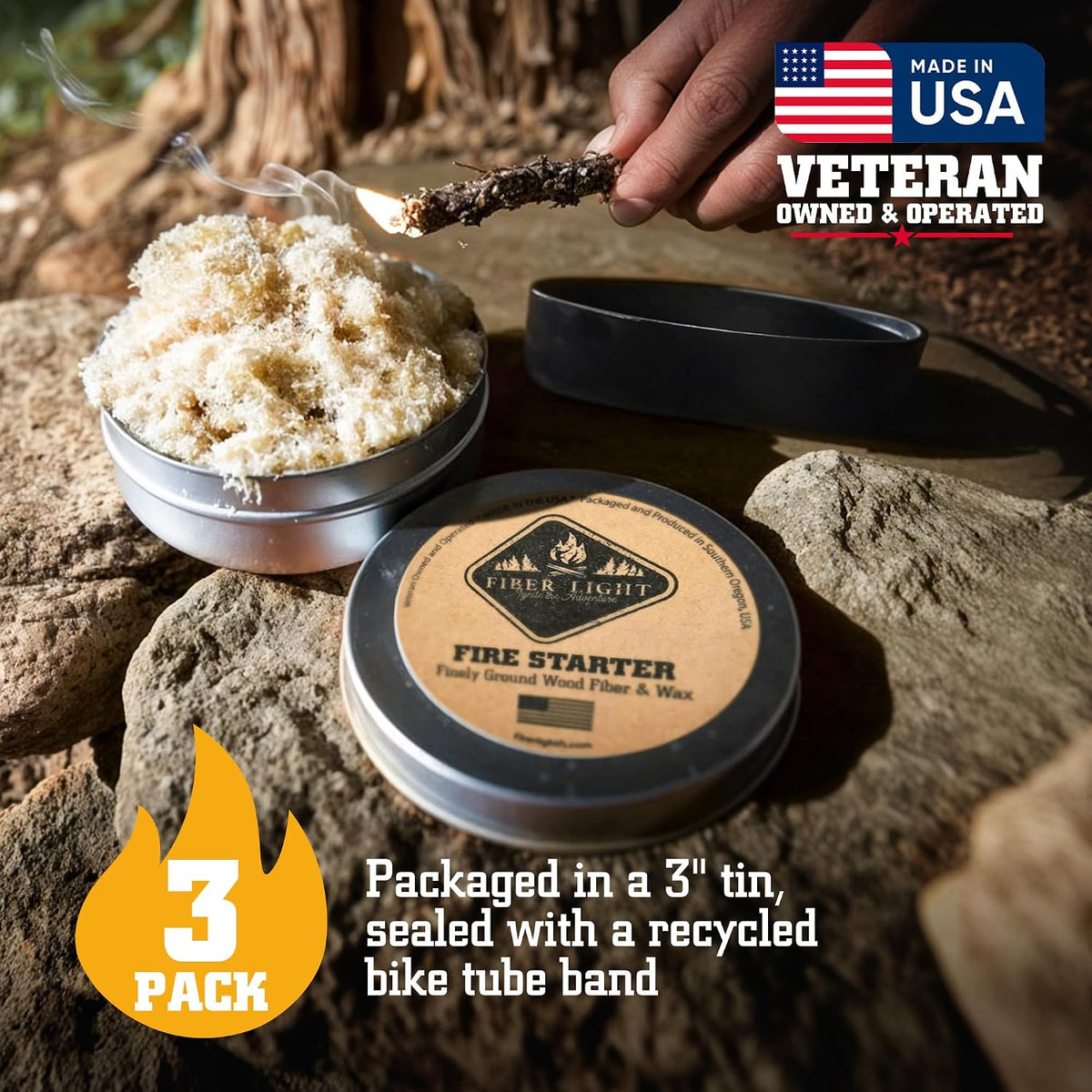 Fire Starter Kit - Natural Wood Fiber Tinder, Water-Resistant Fire Starters for Campfires, Survival Fire Starter, Fire Starters for Grill, Fire Starters for Survival - 3 Pack