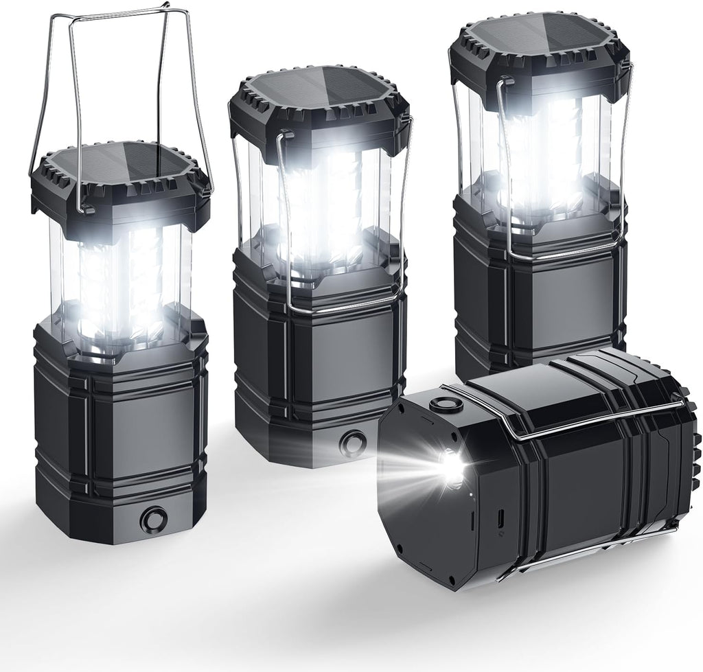 Solar Camping Lantern 4 Pack, Rechargeable LED Lantern with Flashlight