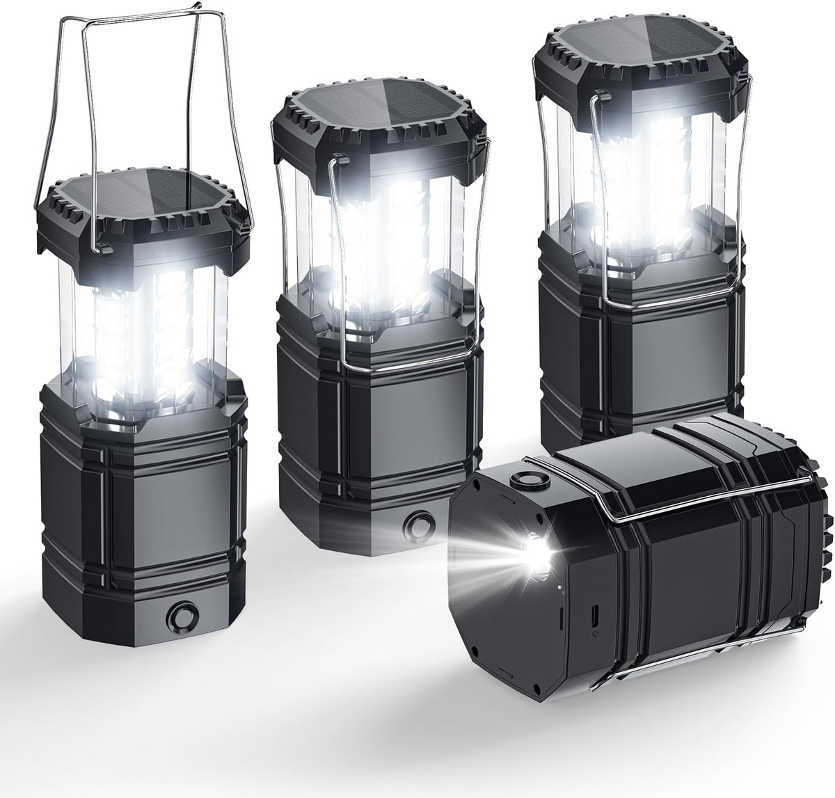 Solar Camping Lantern 4 Pack, Rechargeable LED Lantern with Flashlight