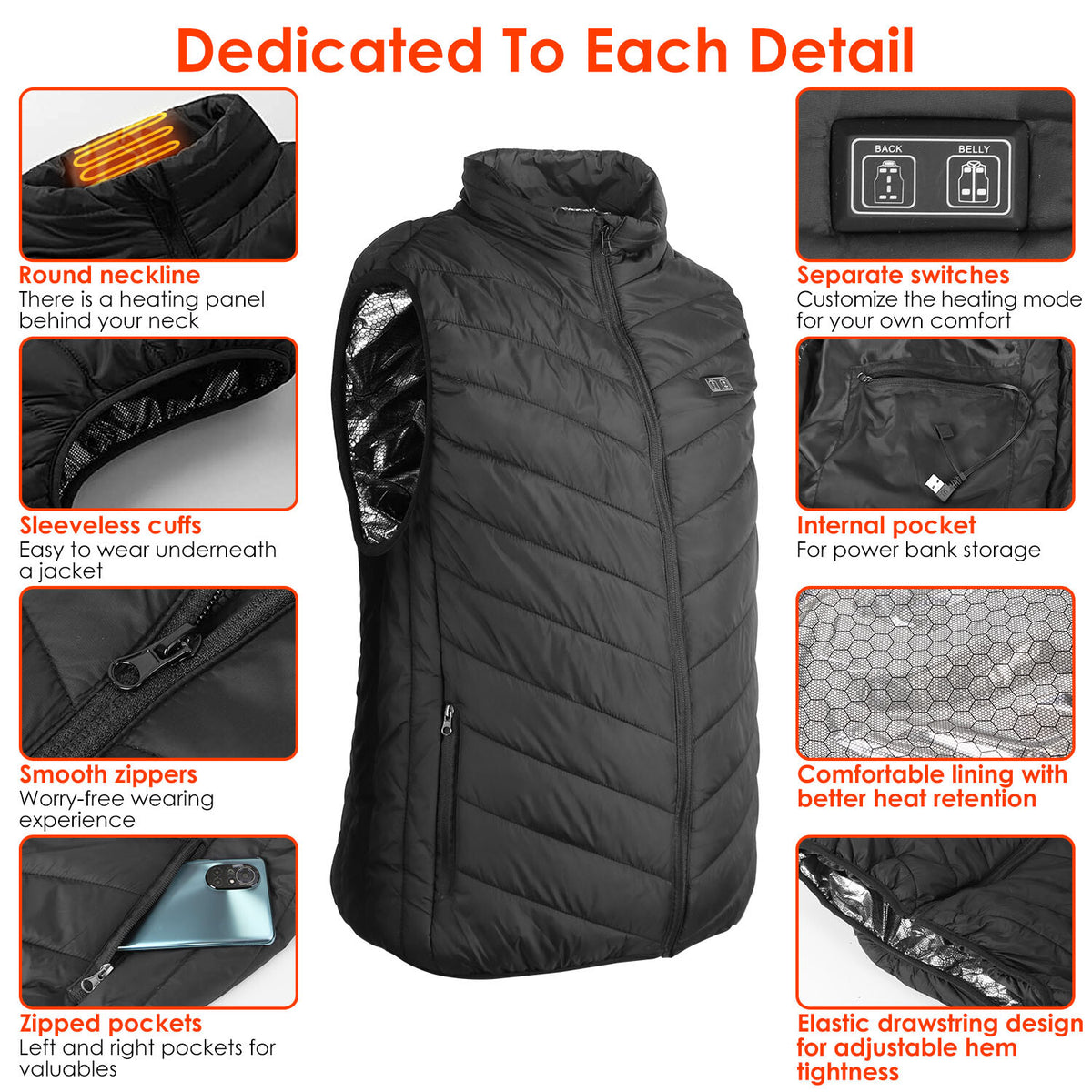 Heated Jacket Vest Mobile Battery Pack Electric Heating Coat for Skiing Hiking
