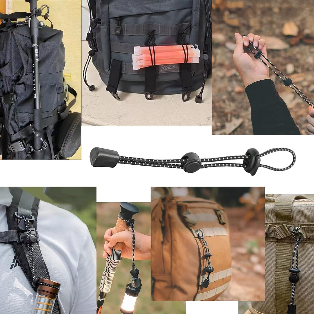 10-Pack Adjustable Reflective Elastic Rope Lanyard for Backpack Hiking Stick Holders with Walking Pole Fixing Buckle