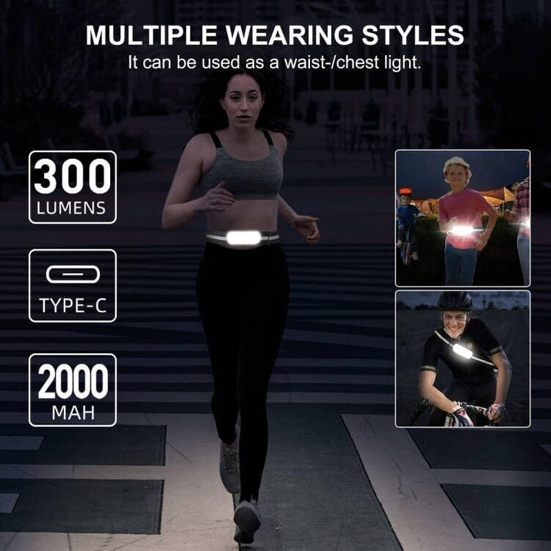 Running Light Rechargeable 500 Lumens 5 Modes Running Lights for Runners with Red Light, Used as a Chest/Waist Lamp, IPX5 Waterproof Reflective Headlamp Flashlight for Night Safety