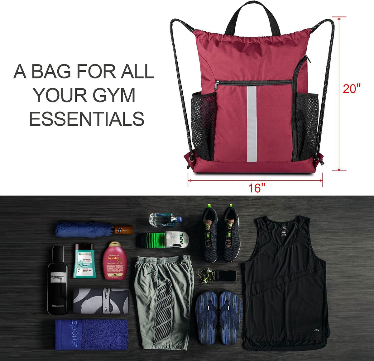 Gym Sack Drawstring Bag Sports String Backpack with Shoe Compartment and Two Water Bottle Holder for Unisex Men Women Heavy Duty Cinch Sackpack