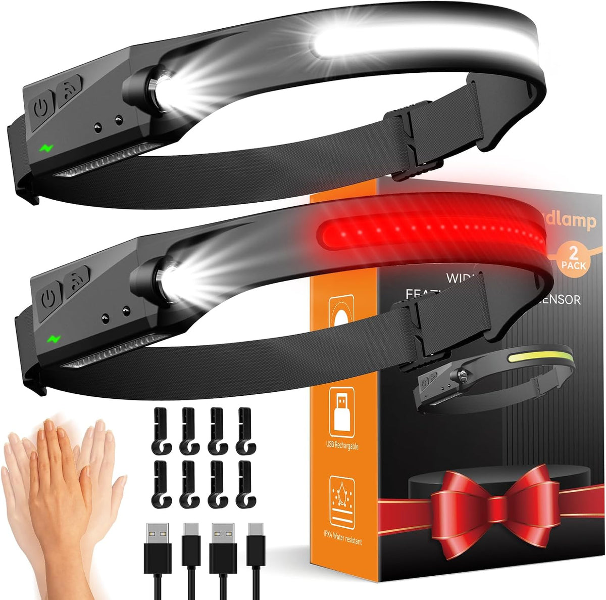 Rechargeable Headlamp with Red Light & Motion Sensor, Wide Beam for Camping