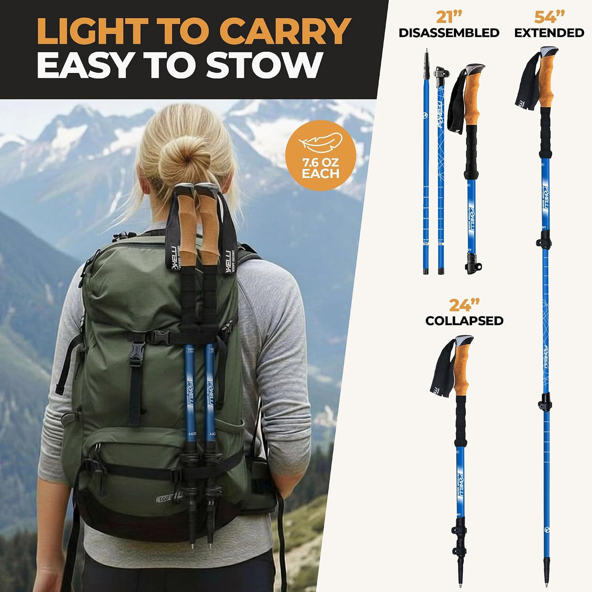 Carbon Fiber Trekking Poles – Lightweight Collapsible Hiking Poles with Cork Grips, Quick Flip Locks & All-Terrain Accessories – Adjustable Height Hiking Sticks for Men & Women