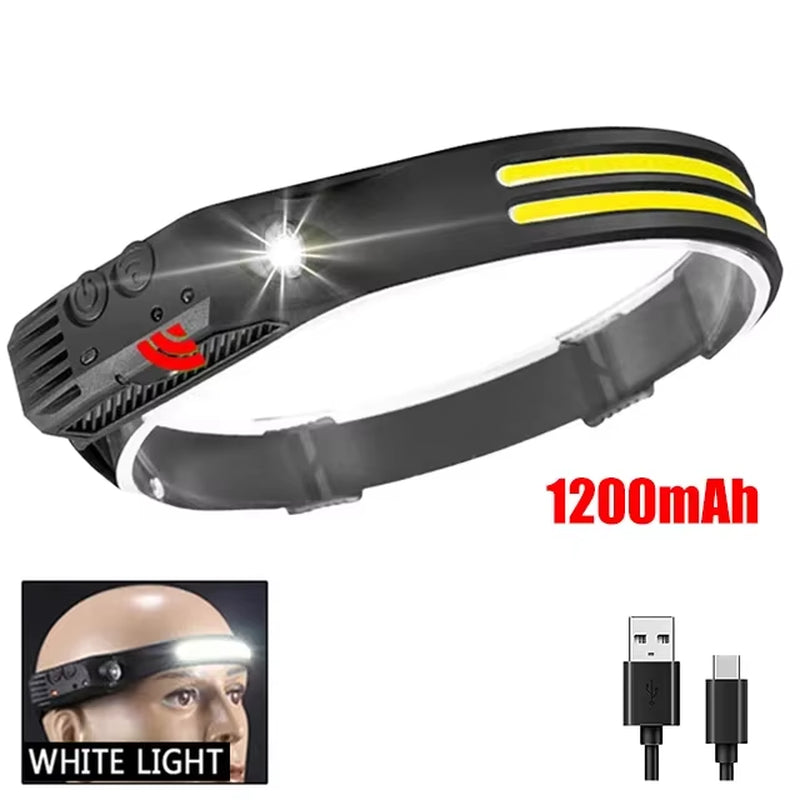 USB Rechargeable Head Flashlight COB LED Headlamp Induction Head Lamp Built-In Battery Outdoor Camping Fishing Sensor Headlight