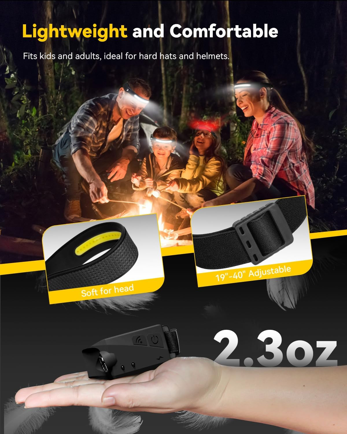 Rechargeable Headlamp with Red Light & Motion Sensor, Wide Beam for Camping