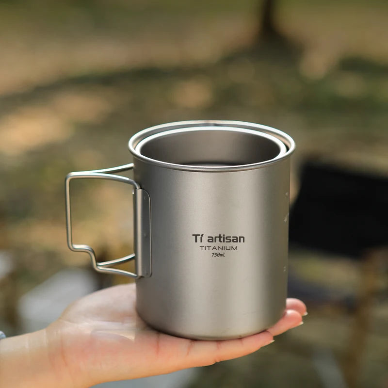 Outdoor Titanium Lightweight Portable Tea Coffee Cup Folding Handle Camping Water Mug for Hiking Travelling