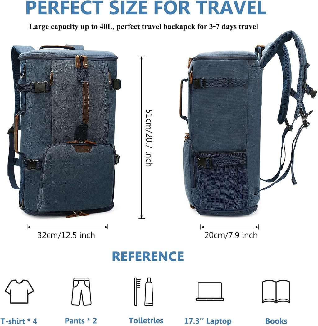 40L Travel Backpack, Vintage Canvas Rucksack Convertible Duffel Bag Carry on Backpack Fit for 17.3 Inch Laptop Bag, Blue