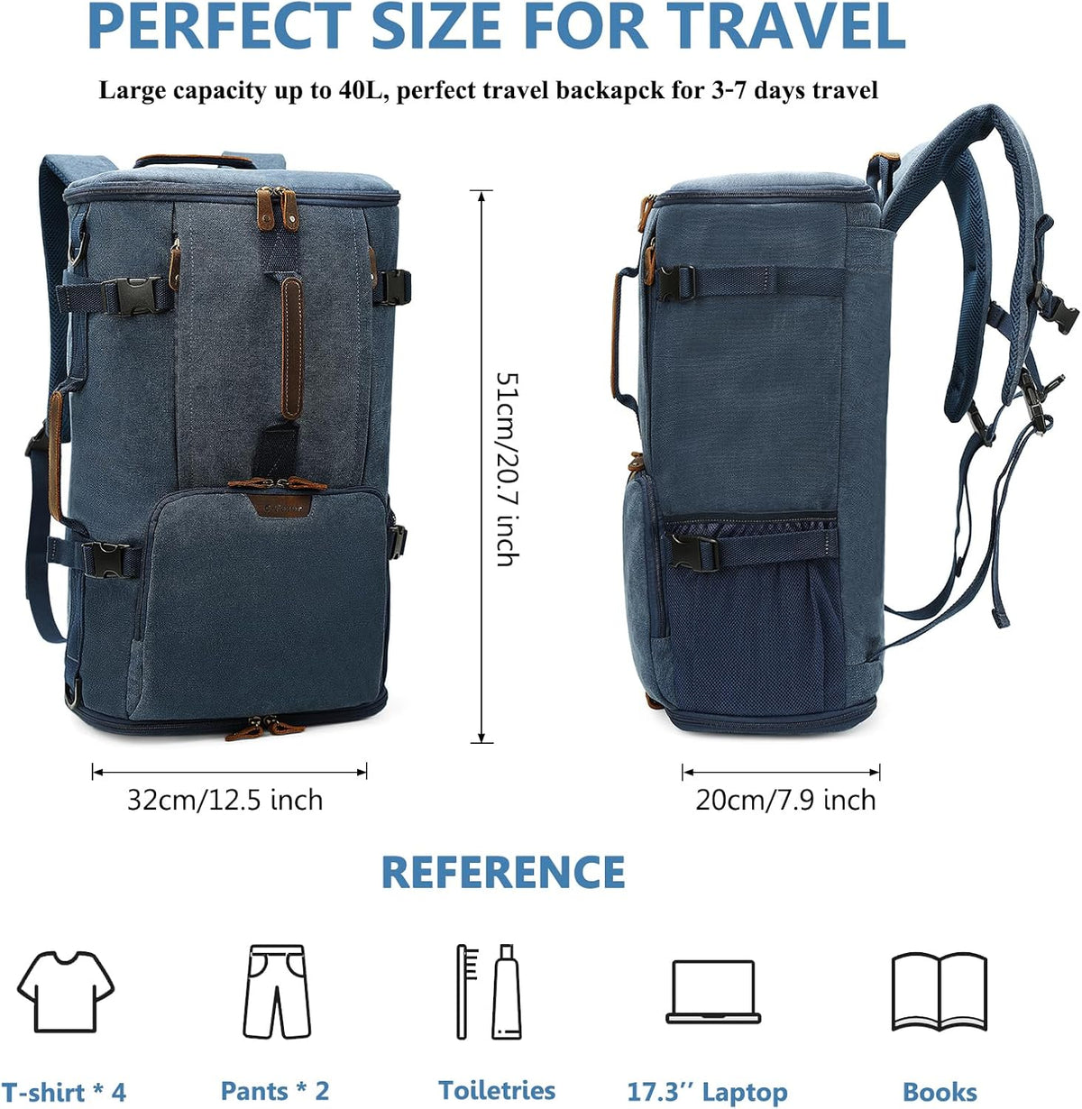 40L Travel Backpack, Vintage Canvas Rucksack Convertible Duffel Bag Carry on Backpack Fit for 17.3 Inch Laptop Bag, Blue