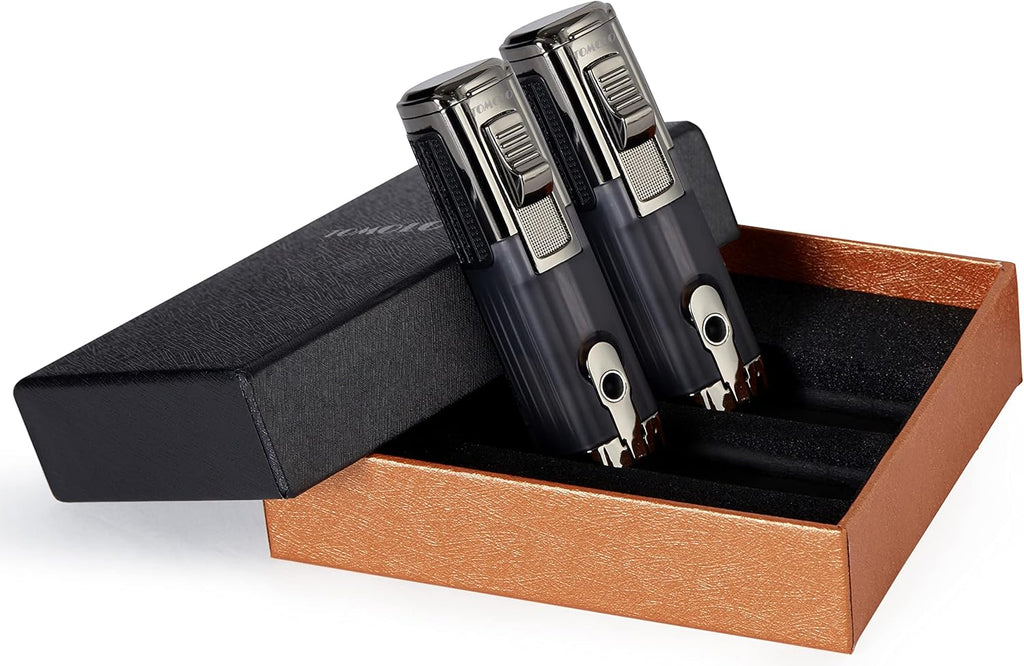 Cigar Lighter Triple Jet Flame Torch Lighter Refillable Butane Lighter with Cigar Punch, 2 Pack, Charcoal