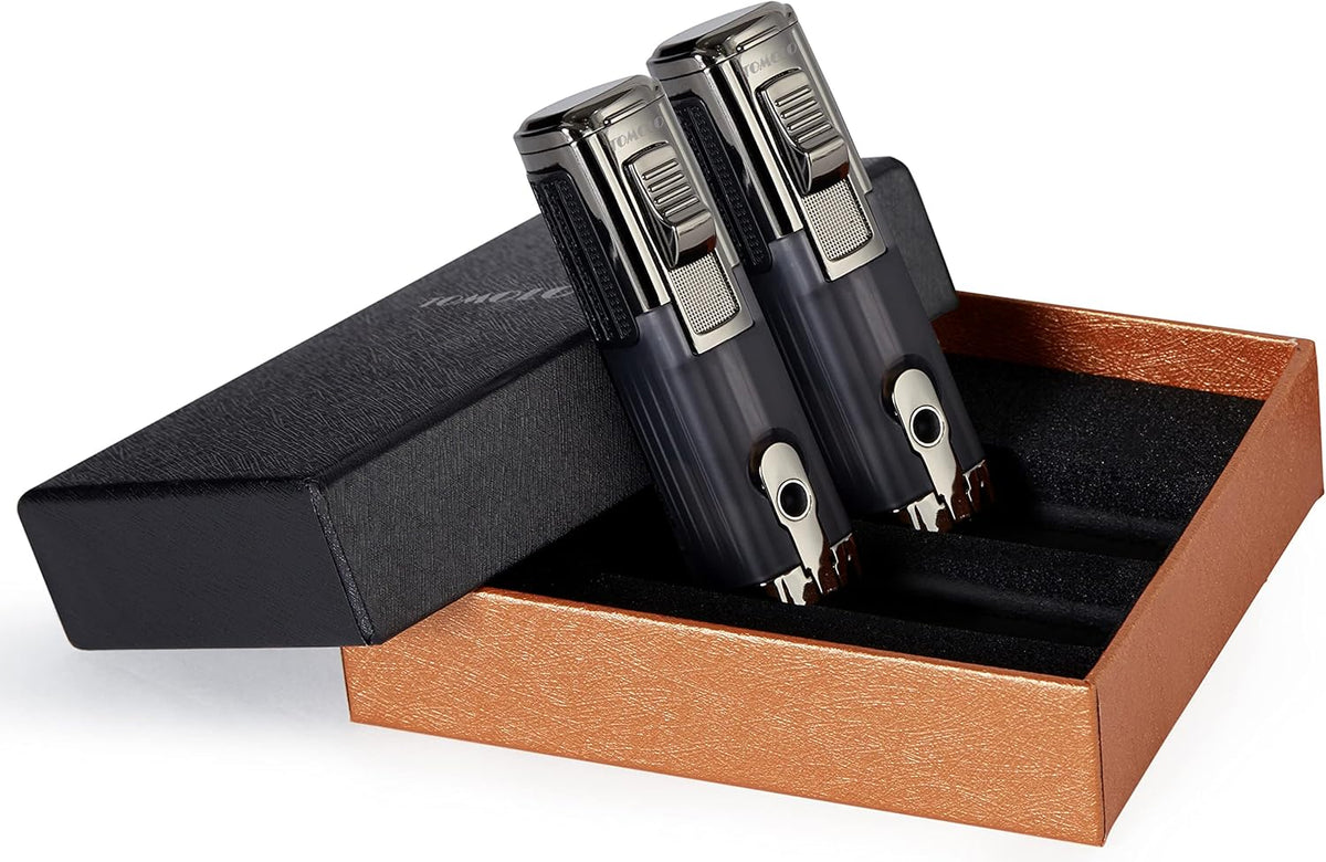 Cigar Lighter Triple Jet Flame Torch Lighter Refillable Butane Lighter with Cigar Punch, 2 Pack, Charcoal