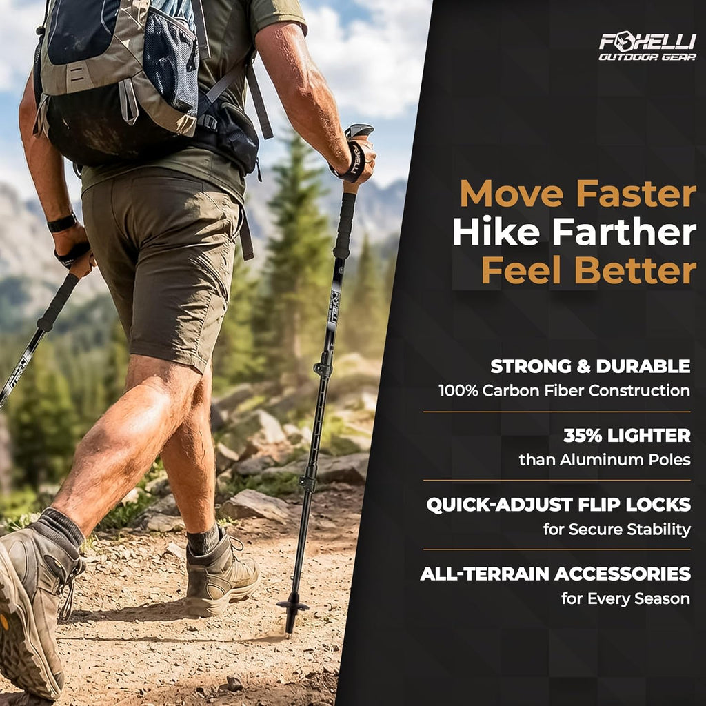 Carbon Fiber Trekking Poles – Lightweight Collapsible Hiking Poles with Cork Grips, Quick Flip Locks & All-Terrain Accessories – Adjustable Height Hiking Sticks for Men & Women