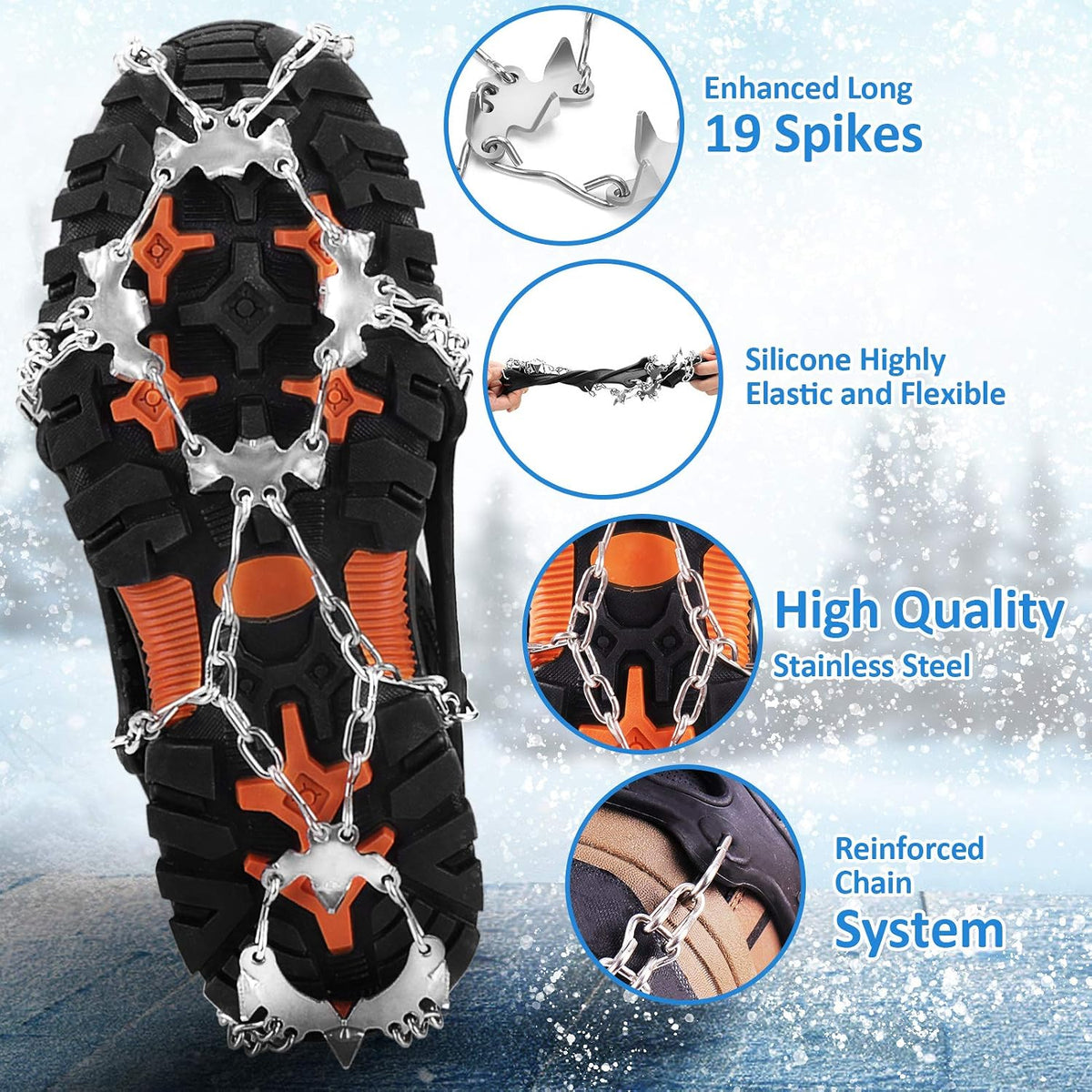 Crampons for Shoes, Traction Cleats Ice Snow Grips with 19 Stainless Steel Spikes, Shoe Talons anti - Slip Boots Spikes for Walking, Jogging, Climbing and Hiking