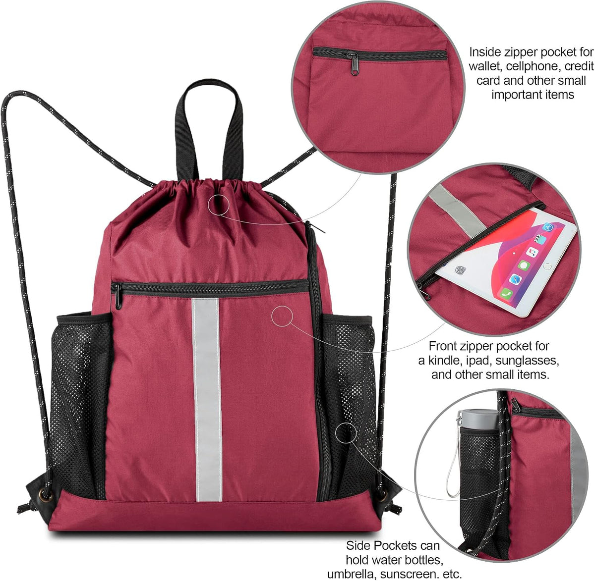Gym Sack Drawstring Bag Sports String Backpack with Shoe Compartment and Two Water Bottle Holder for Unisex Men Women Heavy Duty Cinch Sackpack